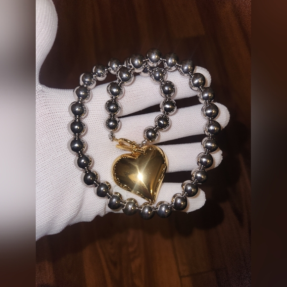 Multicolor Bubble Gold Heart Pendant Silver Bead Necklace - Picture 3 of 4